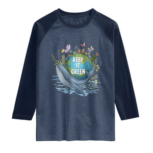 Keep It Green Earth Day Raglan Shirt Eco-Friendly Nature Environmental Awareness TS14 Heather Denim Navy Print Your Wear