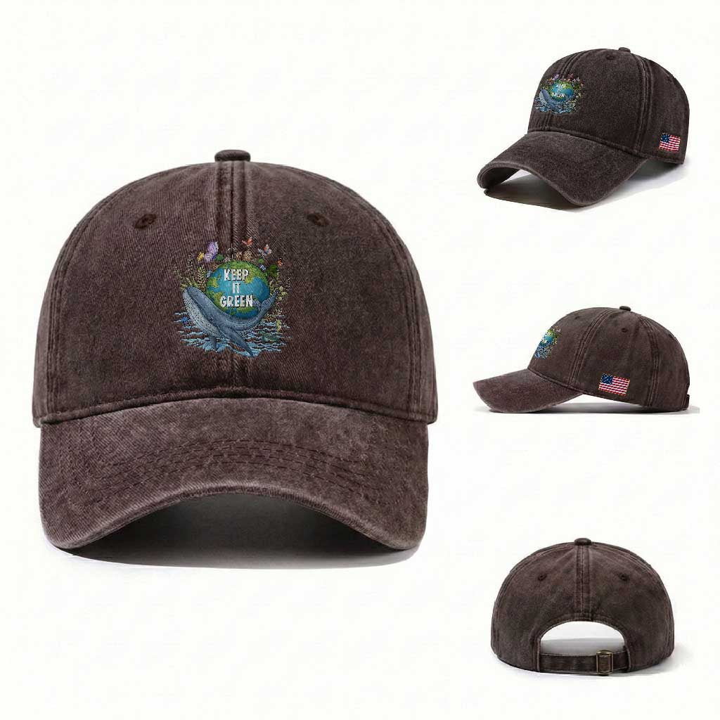 Keep It Green Earth Day Washed Cotton Baseball Cap Eco-Friendly Nature Environmental Awareness TS14 Washed Cap Universal Fit Dark Brown Print Your Wear