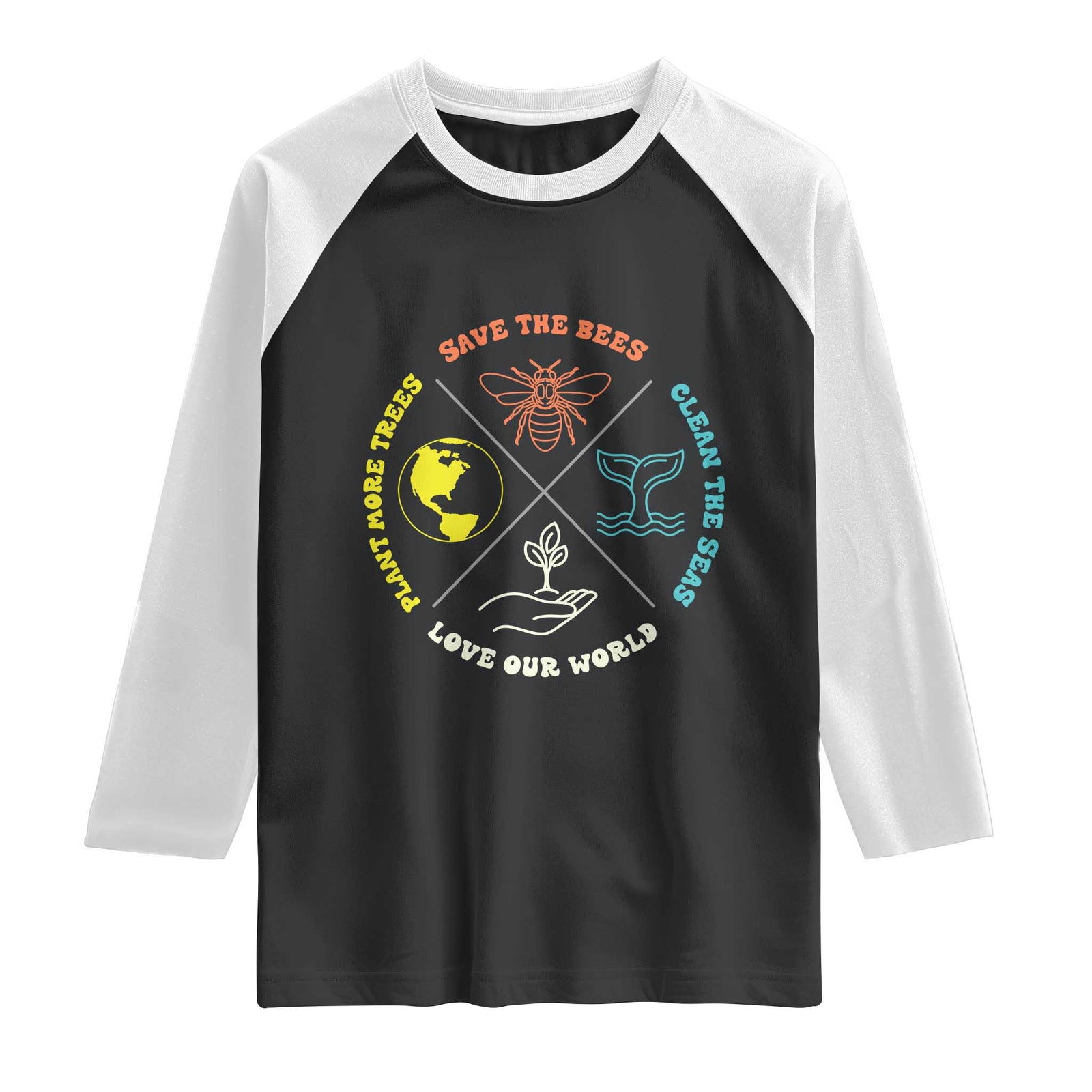 Earth Day Awareness Raglan Shirt Save The Bees Plant More Trees Clean The Seas Titties TS14 Black White Print Your Wear