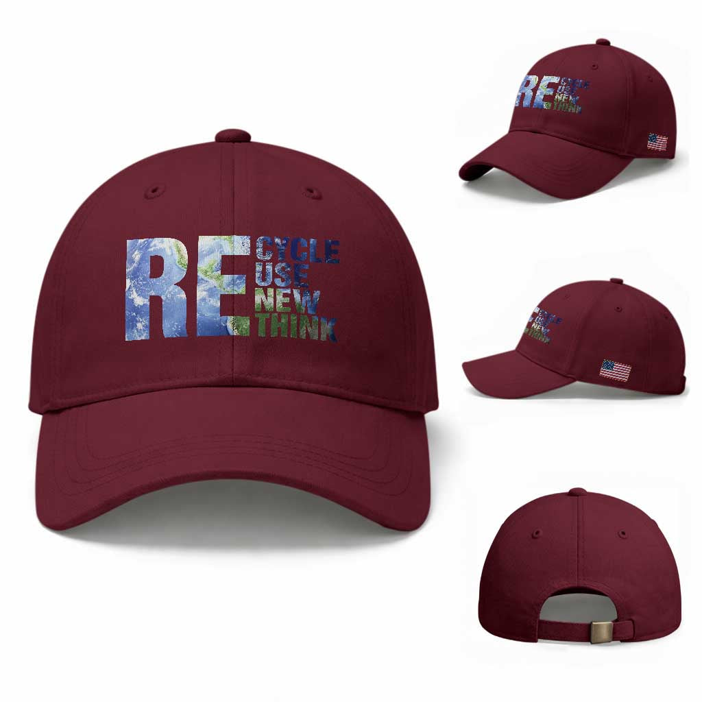 Earth Day Baseball Cap Recycle Reuse Renew Rethink TS14 Baseball Cap Universal Fit Maroon Print Your Wear