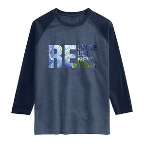 Earth Day Raglan Shirt Recycle Reuse Renew Rethink TS14 Heather Denim Navy Print Your Wear