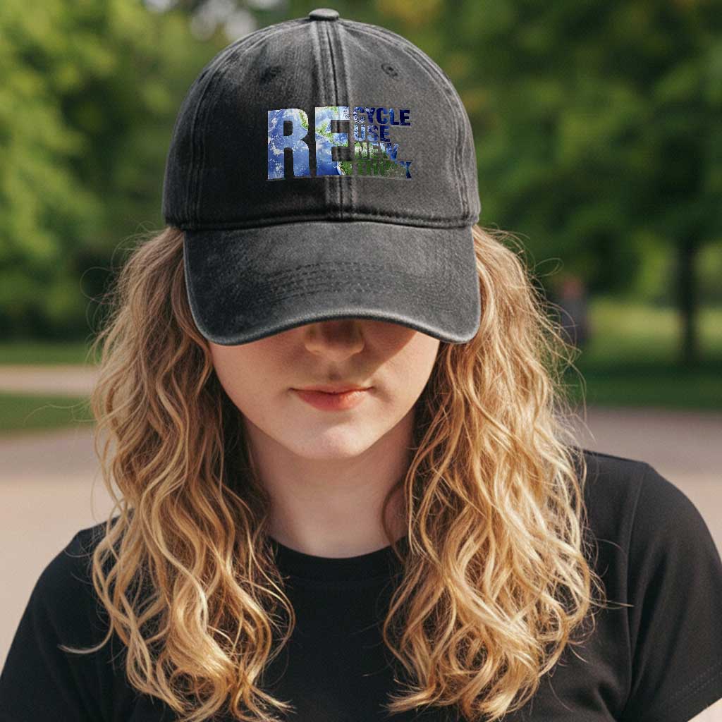 Earth Day Washed Cotton Baseball Cap Recycle Reuse Renew Rethink TS14 Print Your Wear