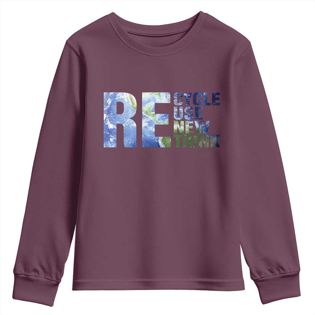 Earth Day Youth Sweatshirt Recycle Reuse Renew Rethink TS14 Maroon Print Your Wear