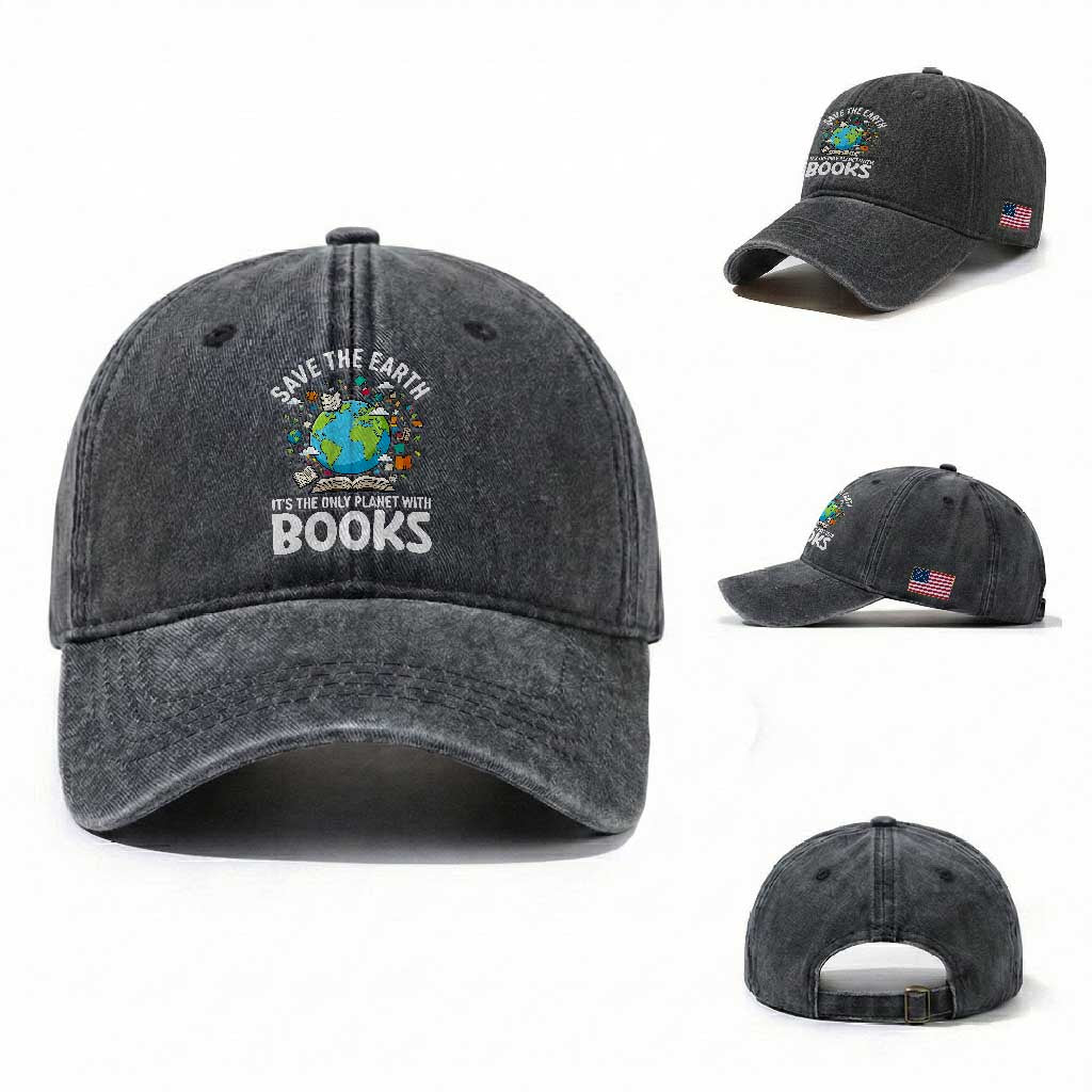 Save the Earth Washed Cotton Baseball Cap It's the Only Planet with Books TS14 Washed Cap Universal Fit Dark Gray Print Your Wear