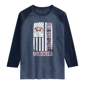 Girl Dad Level Unlocked Raglan Shirt Funny New Dad TS14 Heather Denim Navy Print Your Wear