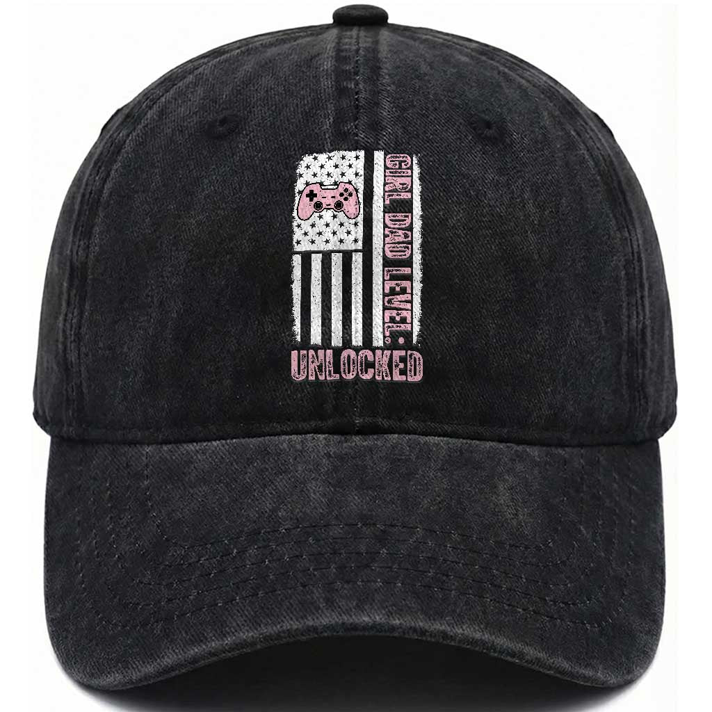 Girl Dad Level Unlocked Washed Cotton Baseball Cap Funny New Dad TS14 Print Your Wear