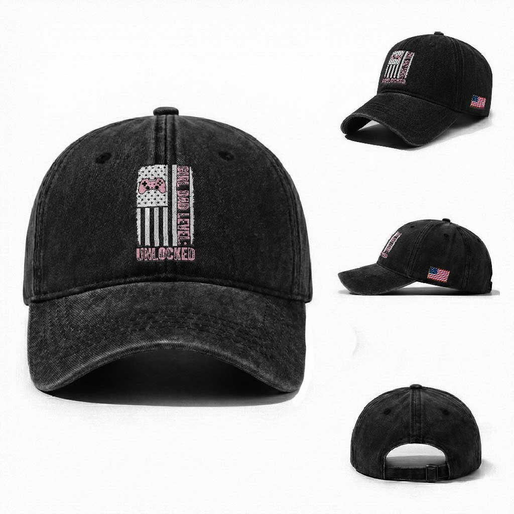 Girl Dad Level Unlocked Washed Cotton Baseball Cap Funny New Dad TS14 Washed Cap Universal Fit Black Print Your Wear