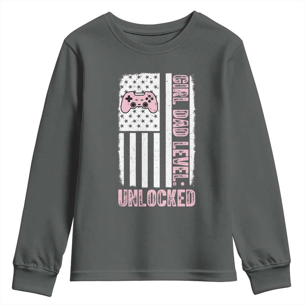 Girl Dad Level Unlocked Youth Sweatshirt Funny New Dad TS14 Dark Heather Print Your Wear