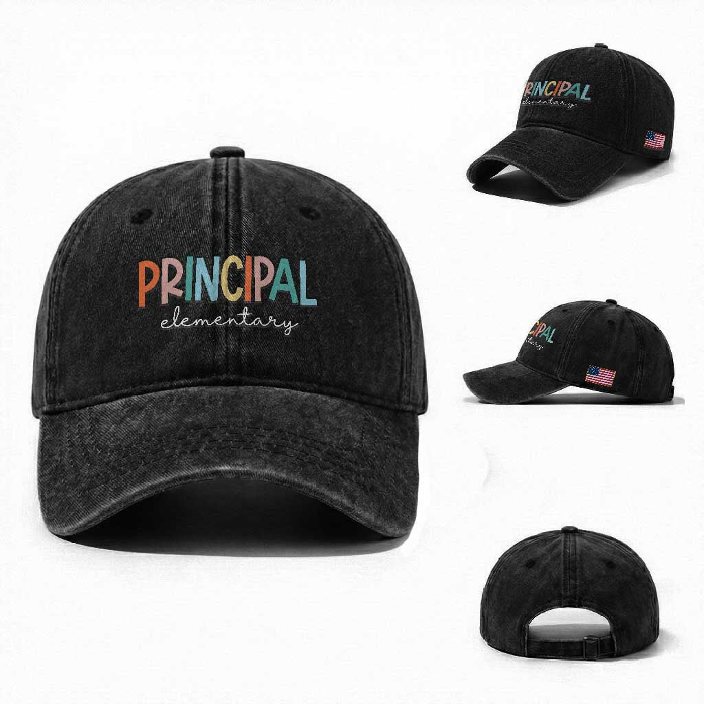 Boho Retro Vintage Elementary Principal Back to School Washed Cotton Baseball Cap TS14 Washed Cap Universal Fit Black Print Your Wear
