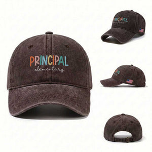 Boho Retro Vintage Elementary Principal Back to School Washed Cotton Baseball Cap TS14 Washed Cap Universal Fit Dark Brown Print Your Wear
