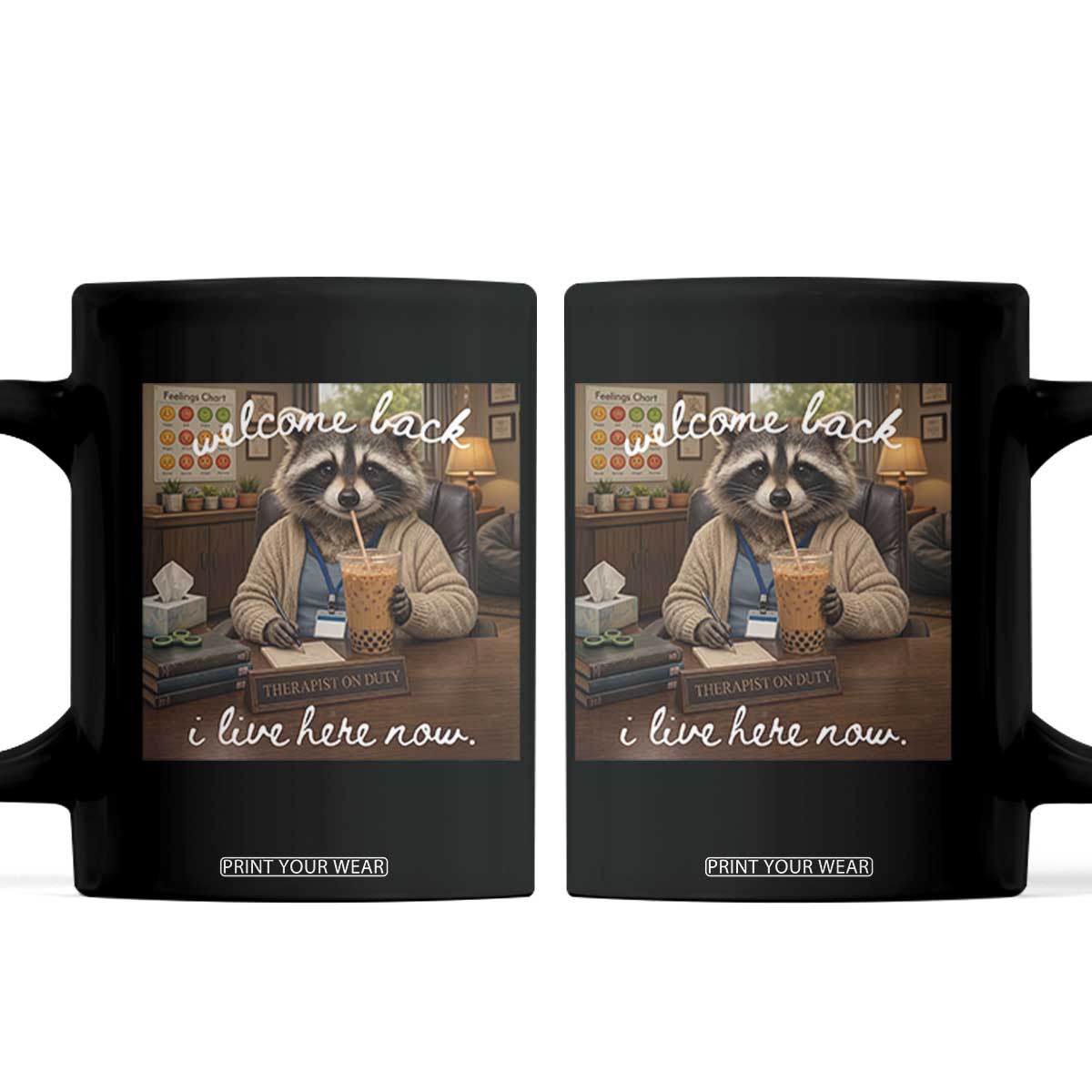 Funny School Therapist Raccoon Drinking Iced Coffee Coffee Mug TS14 Black Print Your Wear