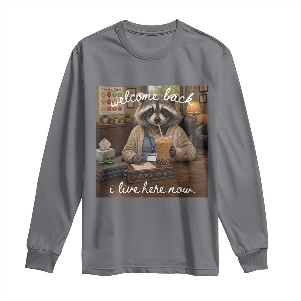 Funny School Therapist Raccoon Drinking Iced Coffee Long Sleeve Shirt TS14 Charcoal Print Your Wear
