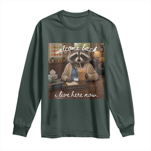Funny School Therapist Raccoon Drinking Iced Coffee Long Sleeve Shirt TS14 Dark Forest Green Print Your Wear