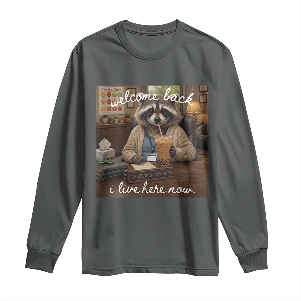Funny School Therapist Raccoon Drinking Iced Coffee Long Sleeve Shirt TS14 Dark Heather Print Your Wear