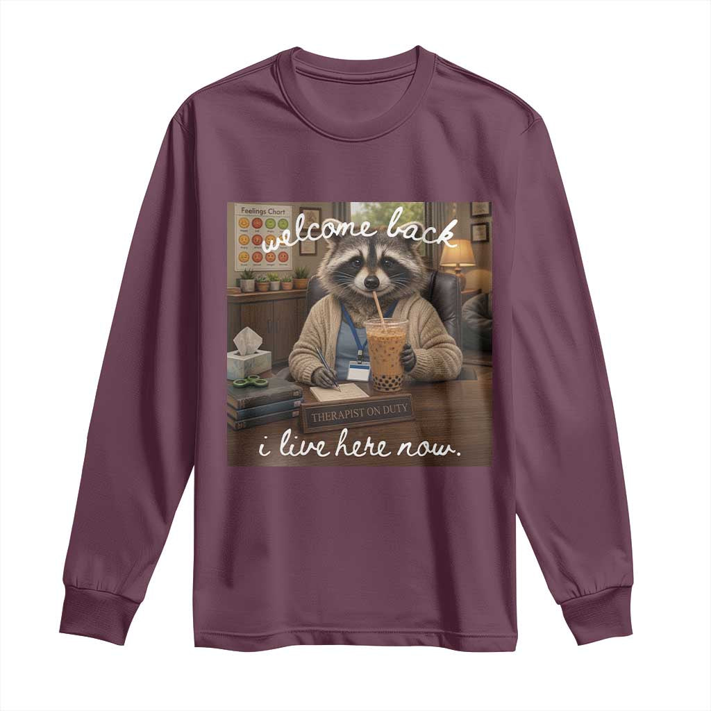 Funny School Therapist Raccoon Drinking Iced Coffee Long Sleeve Shirt TS14 Maroon Print Your Wear