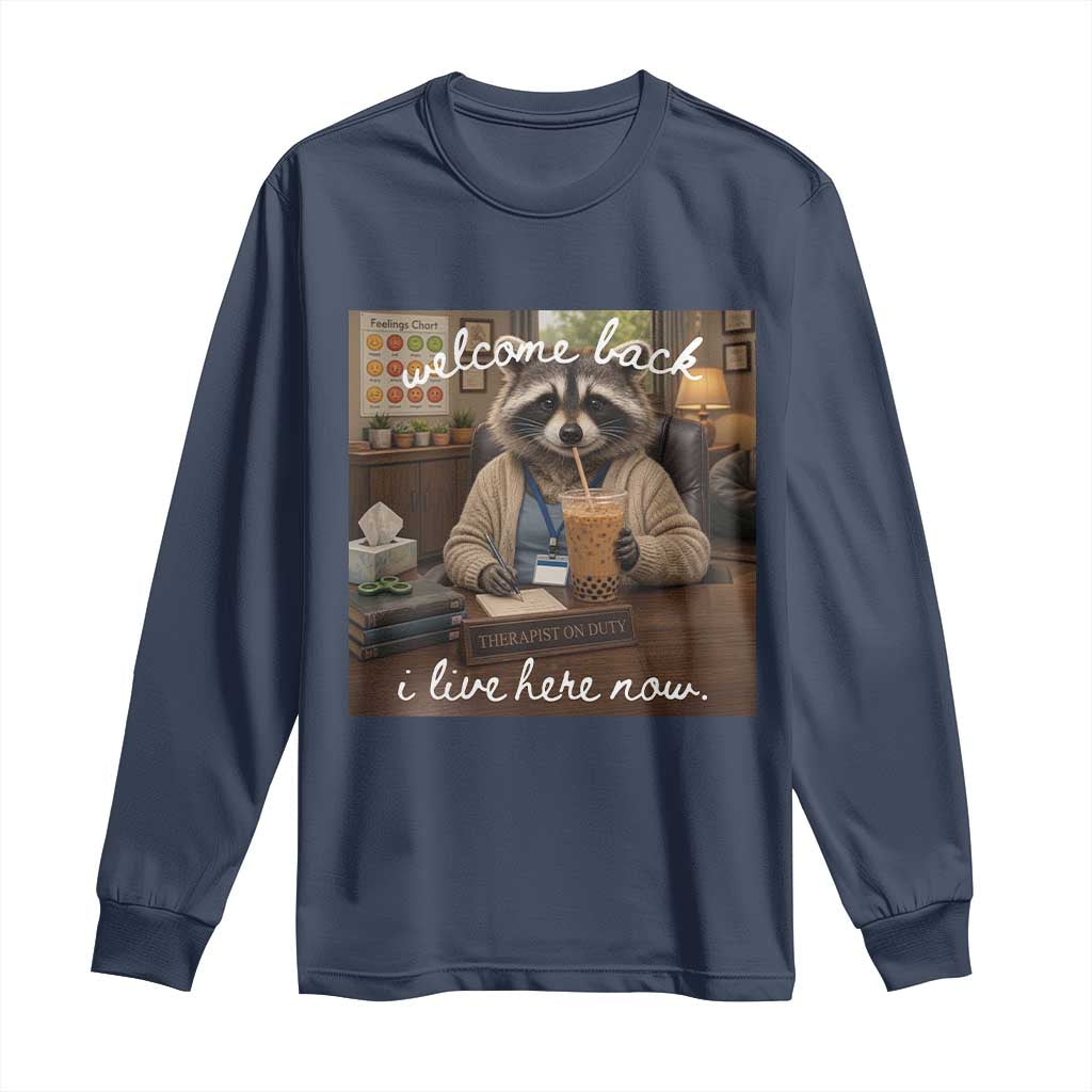 Funny School Therapist Raccoon Drinking Iced Coffee Long Sleeve Shirt TS14 Navy Print Your Wear