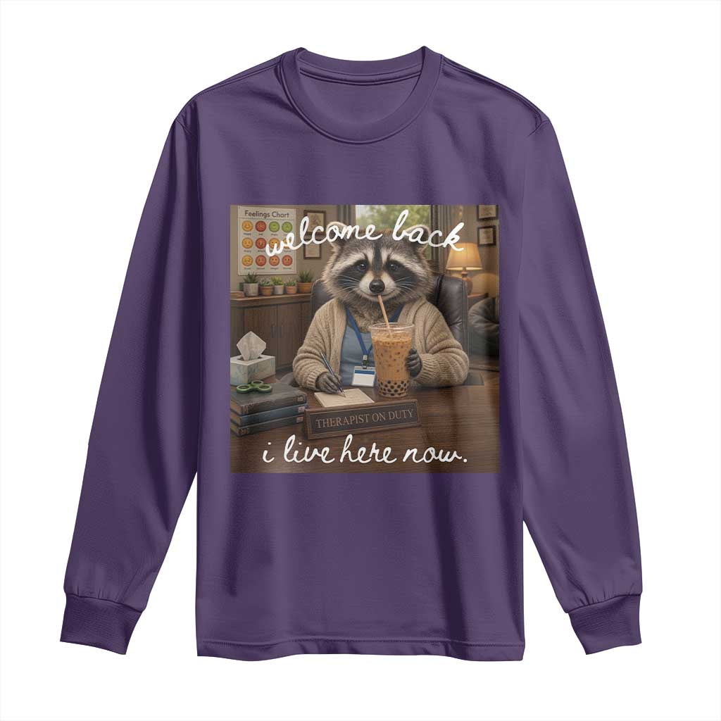 Funny School Therapist Raccoon Drinking Iced Coffee Long Sleeve Shirt TS14 Purple Print Your Wear