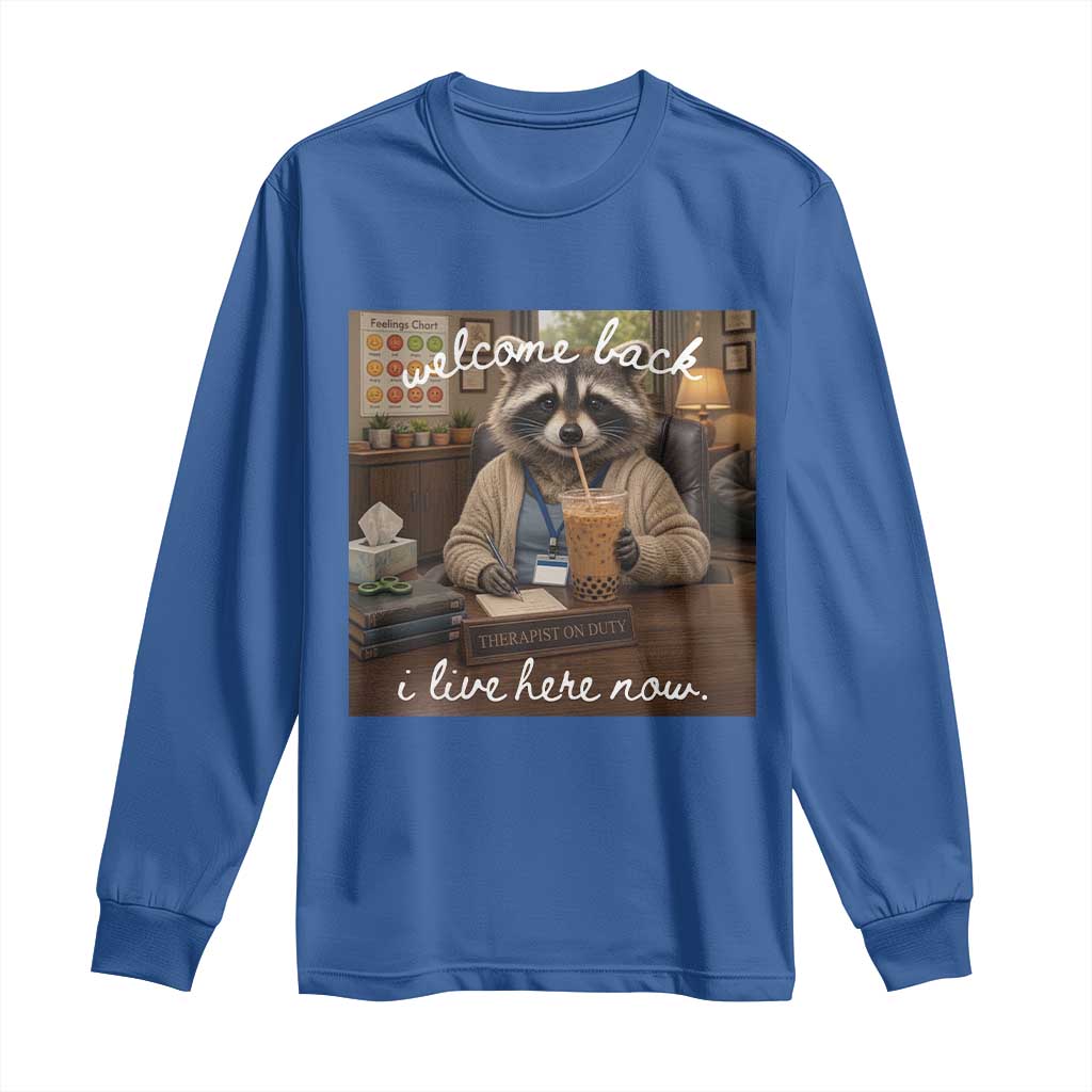 Funny School Therapist Raccoon Drinking Iced Coffee Long Sleeve Shirt TS14 Royal Blue Print Your Wear