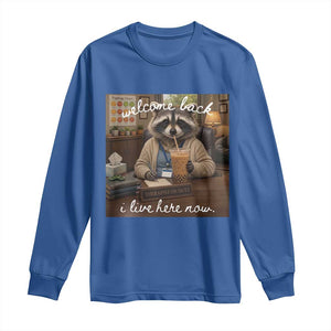 Funny School Therapist Raccoon Drinking Iced Coffee Long Sleeve Shirt TS14 Royal Blue Print Your Wear