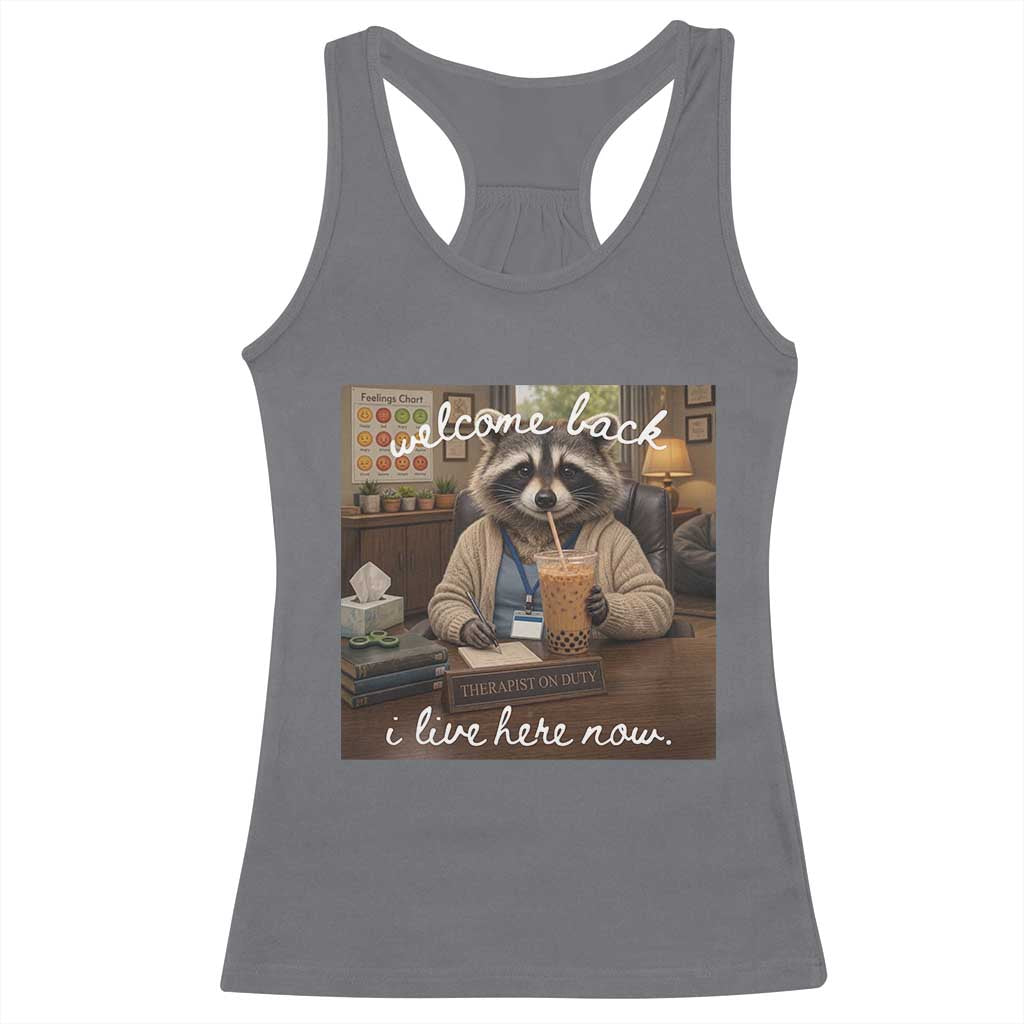 Funny School Therapist Raccoon Drinking Iced Coffee Racerback Tank Top TS14 Charcoal Print Your Wear
