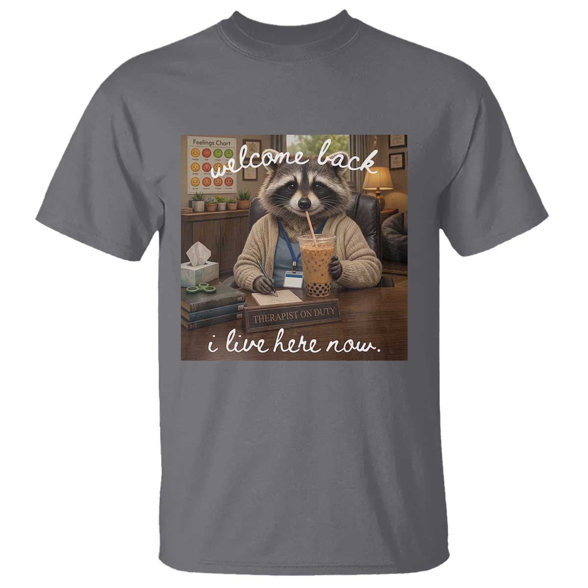 Funny School Therapist Raccoon Drinking Iced Coffee T Shirt TS14 Charcoal Print Your Wear