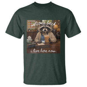 Funny School Therapist Raccoon Drinking Iced Coffee T Shirt TS14 Dark Forest Green Print Your Wear