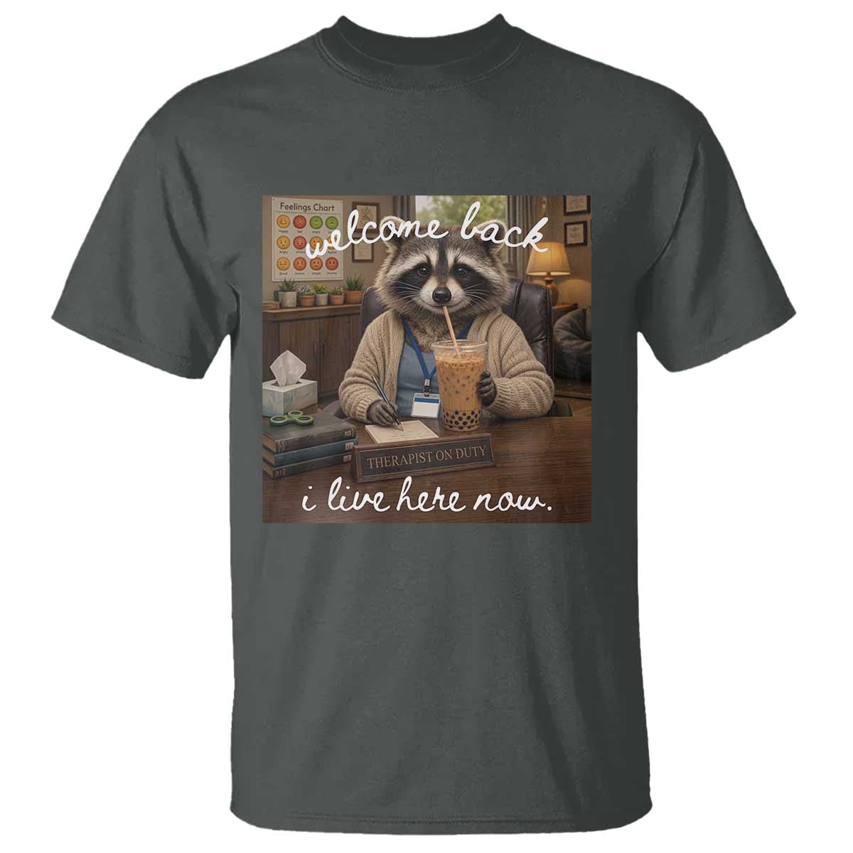 Funny School Therapist Raccoon Drinking Iced Coffee T Shirt TS14 Dark Heather Print Your Wear