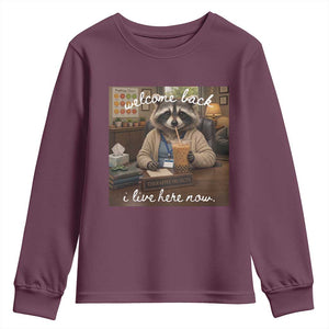 Funny School Therapist Raccoon Drinking Iced Coffee Youth Sweatshirt TS14 Maroon Print Your Wear