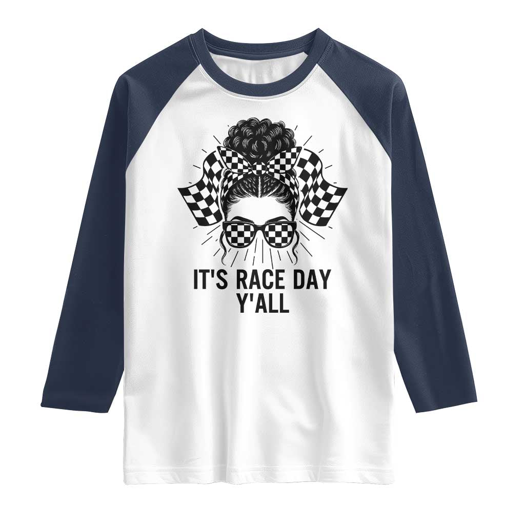 Racing Car Checkered Flag Raglan Shirt Messy Bun Woman Race Day TS14 White Navy Print Your Wear
