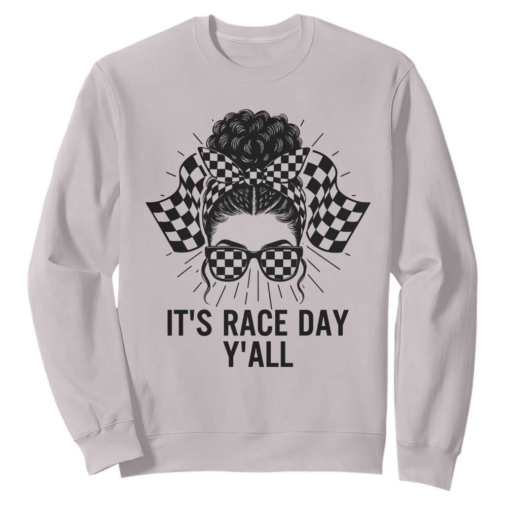 Racing Car Checkered Flag Sweatshirt Messy Bun Woman Race Day TS14 Ice Gray Print Your Wear