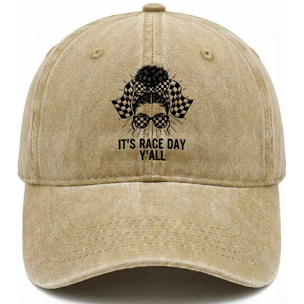 Racing Car Checkered Flag Washed Cotton Baseball Cap Messy Bun Woman Race Day TS14 Washed Cap Universal Fit Khaki Print Your Wear