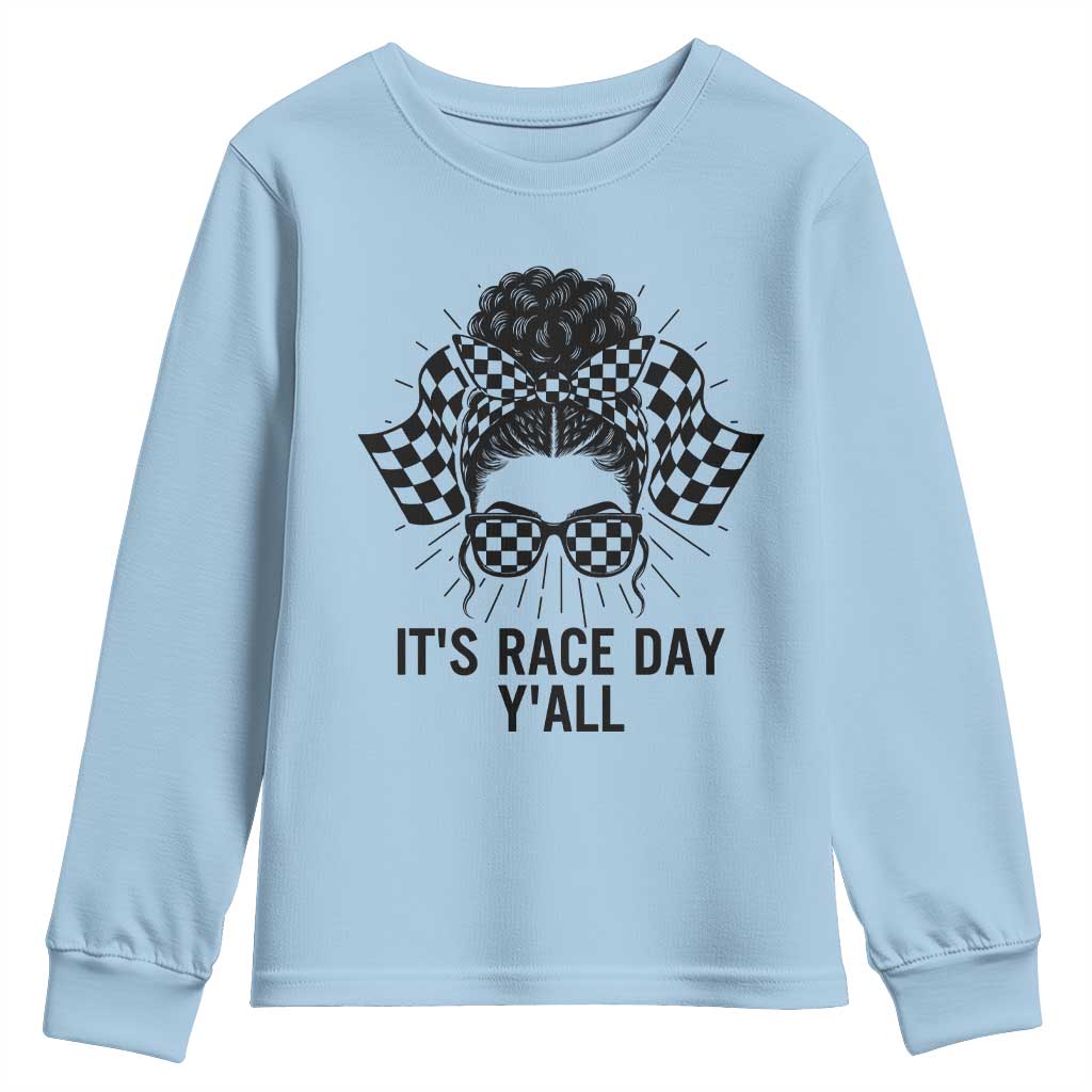 Racing Car Checkered Flag Youth Sweatshirt Messy Bun Woman Race Day TS14 Light Blue Print Your Wear