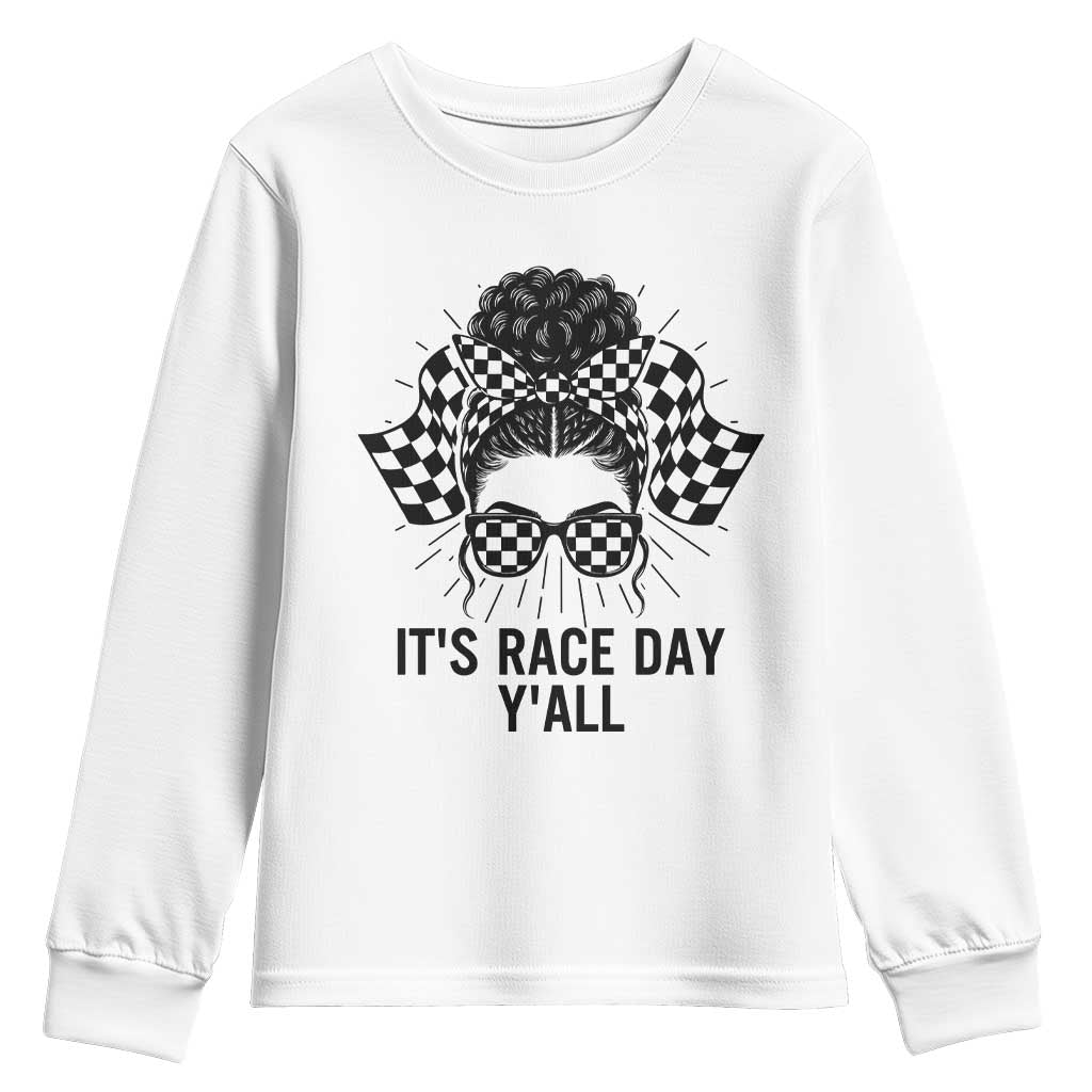 Racing Car Checkered Flag Youth Sweatshirt Messy Bun Woman Race Day TS14 White Print Your Wear
