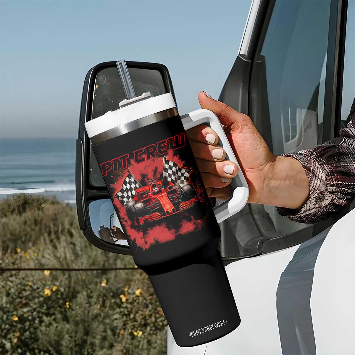 Racing Car Checkered Flag Tumbler With Handle Pit Crew Race Car TS14 Print Your Wear