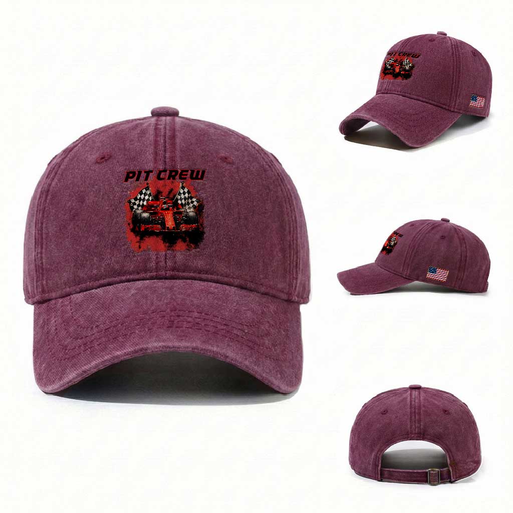 Racing Car Checkered Flag Washed Cotton Baseball Cap Pit Crew Race Car TS14 Washed Cap Universal Fit Burgundy Print Your Wear
