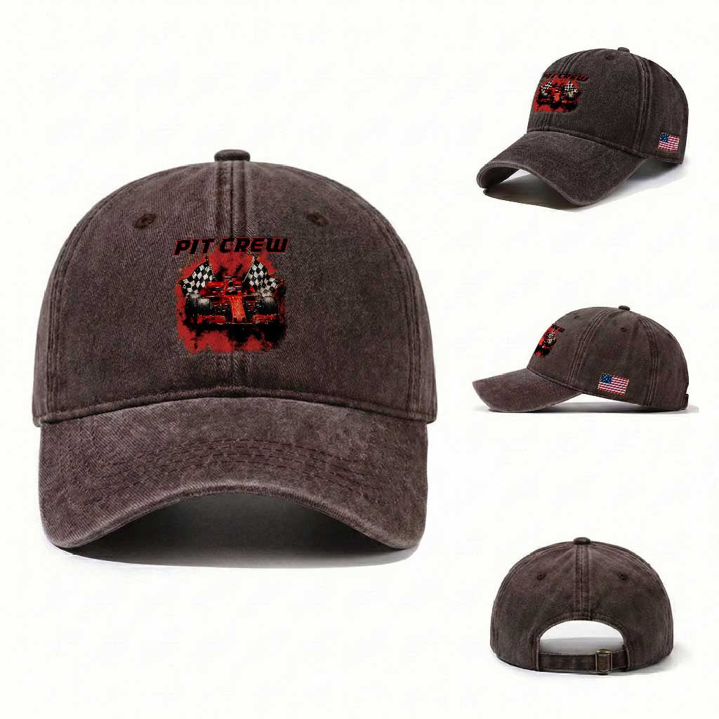 Racing Car Checkered Flag Washed Cotton Baseball Cap Pit Crew Race Car TS14 Washed Cap Universal Fit Dark Brown Print Your Wear
