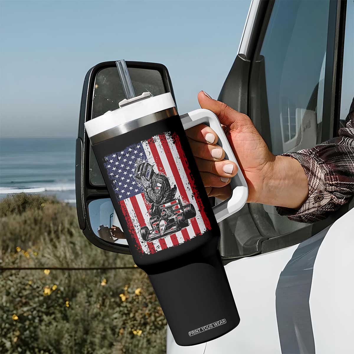 Patriotic Racing Car American Flag Race Tumbler With Handle TS14 Print Your Wear
