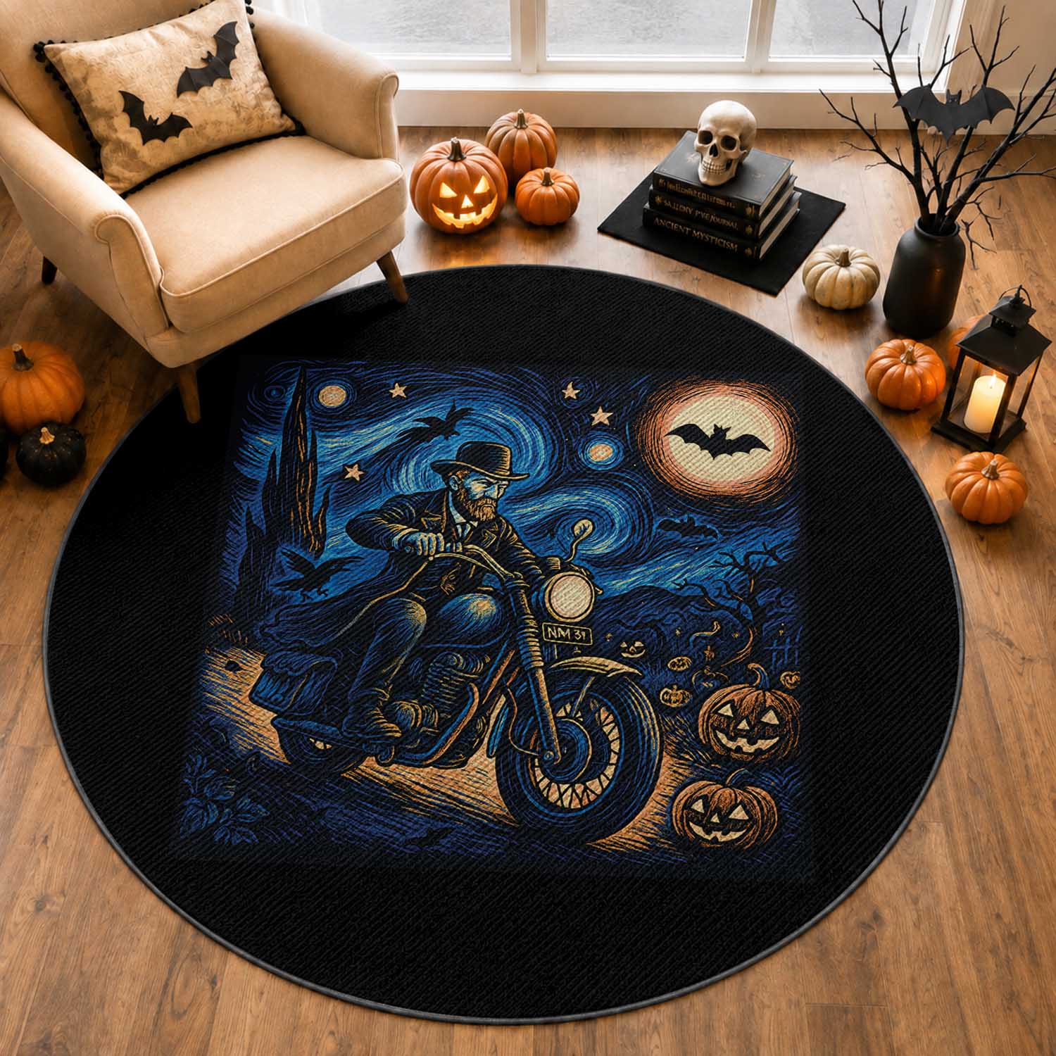 Dirt Bike Round Rug Van Gogh Starry Night Halloween Biker