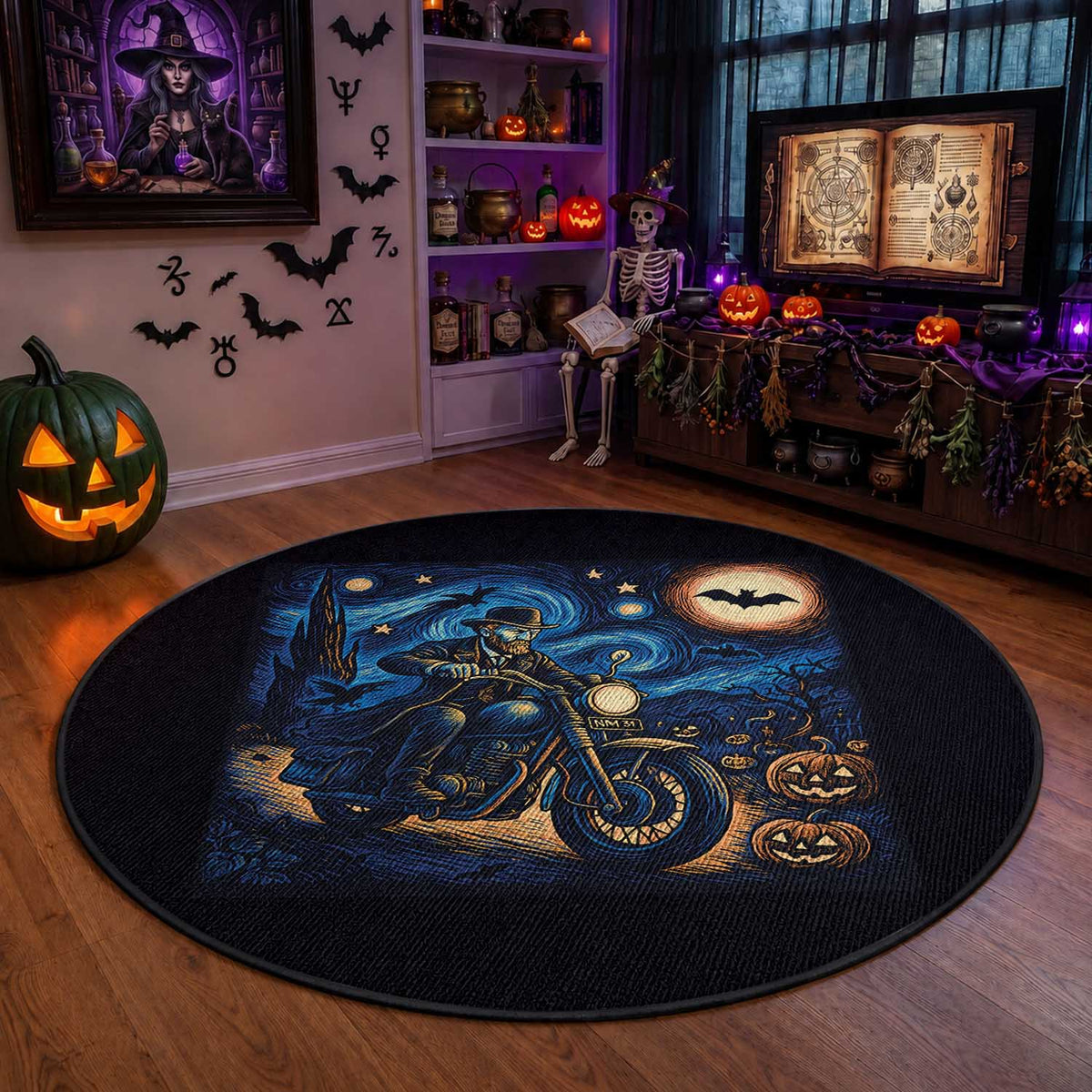 Dirt Bike Round Rug Van Gogh Starry Night Halloween Biker