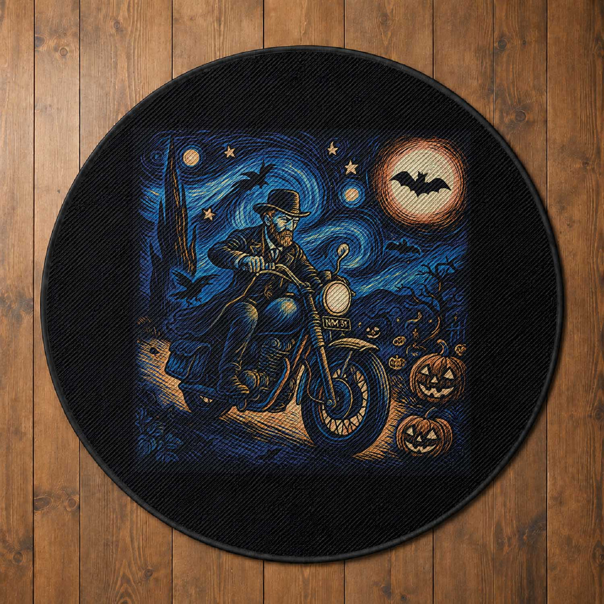 Dirt Bike Round Rug Van Gogh Starry Night Halloween Biker