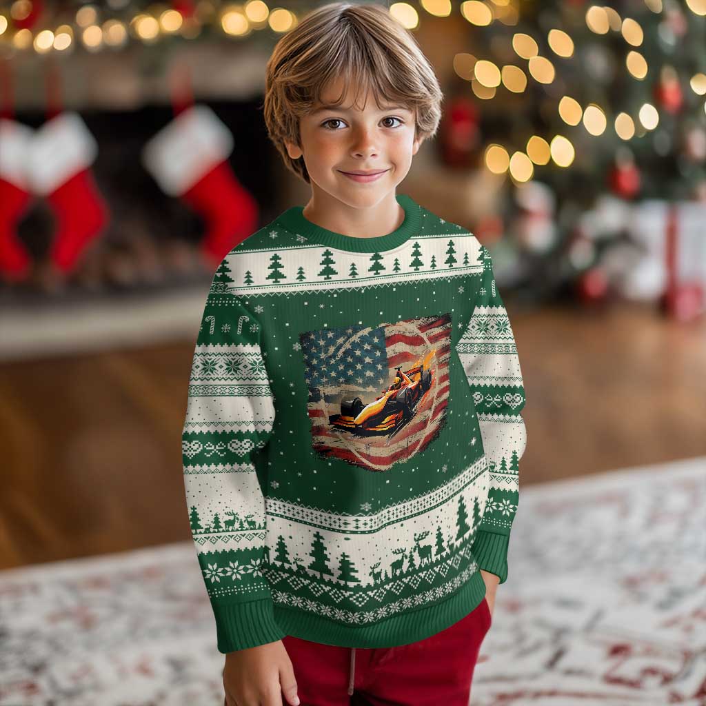 Racing Car Ugly Christmas Sweater Patriotic American Flag Race TS14 Forest Green Beige Print Your Wear