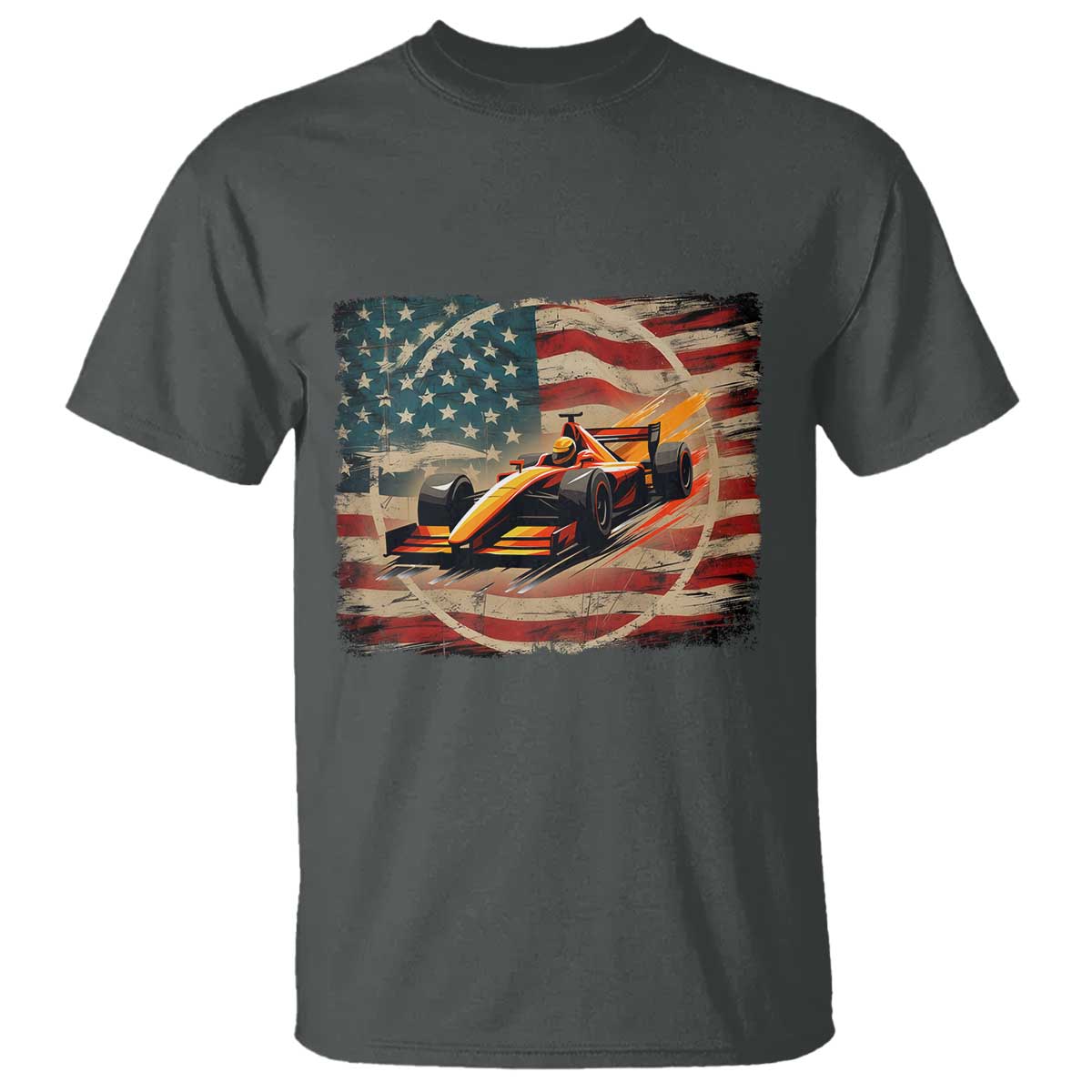 Racing Car T Shirt Patriotic American Flag Race TS14 Dark Heather Print Your Wear