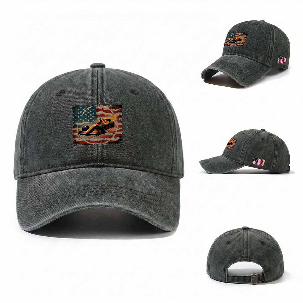 Racing Car Washed Cotton Baseball Cap Patriotic American Flag Race TS14 Washed Cap Universal Fit Dark Green Print Your Wear