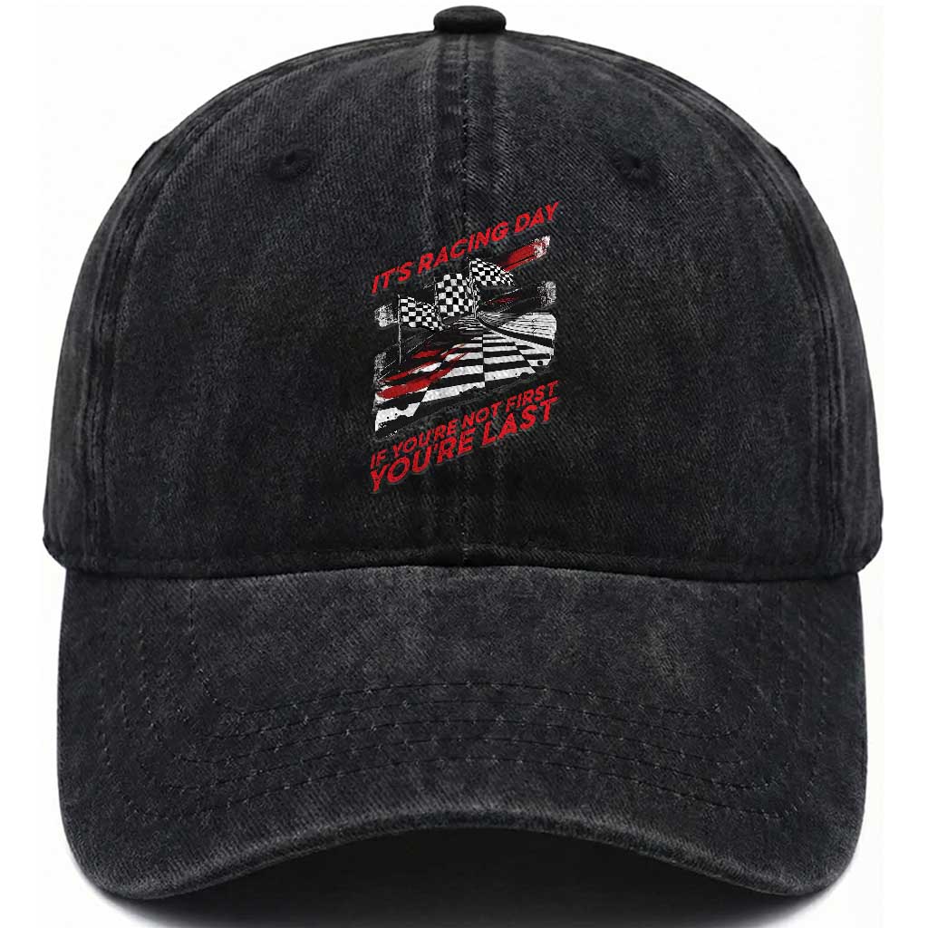Funny Racing Car Flag Washed Cotton Baseball Cap It Is Racing Day TS14 Washed Cap Universal Fit Black Print Your Wear