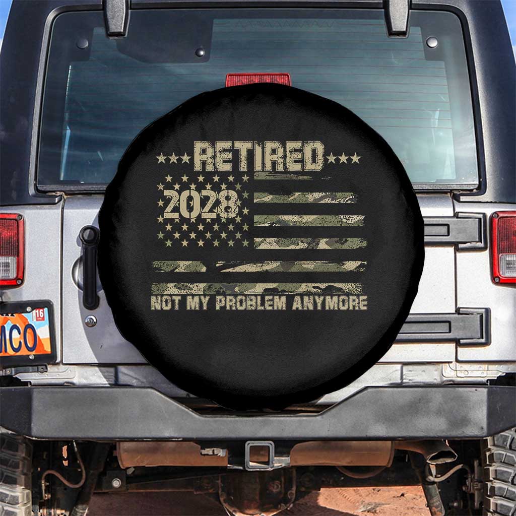 Retired 2028 Not My Problem Anymore Spare Tire Cover Camo American Flag USA Military Tactical Camouflage Retirement