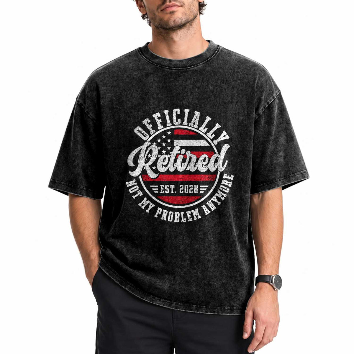 Retired 2028 Not My Problem Anymore US Flag Retirement Washed Cotton T-Shirt