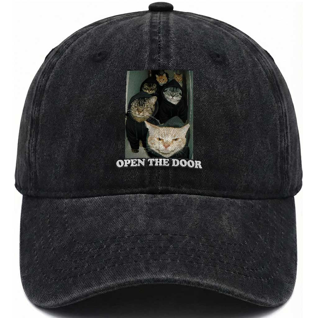 Open The Door Cats Lover Washed Cotton Baseball Cap Funny Cat Gang Sarcastic Meme TS14 Washed Cap Universal Fit Black Print Your Wear