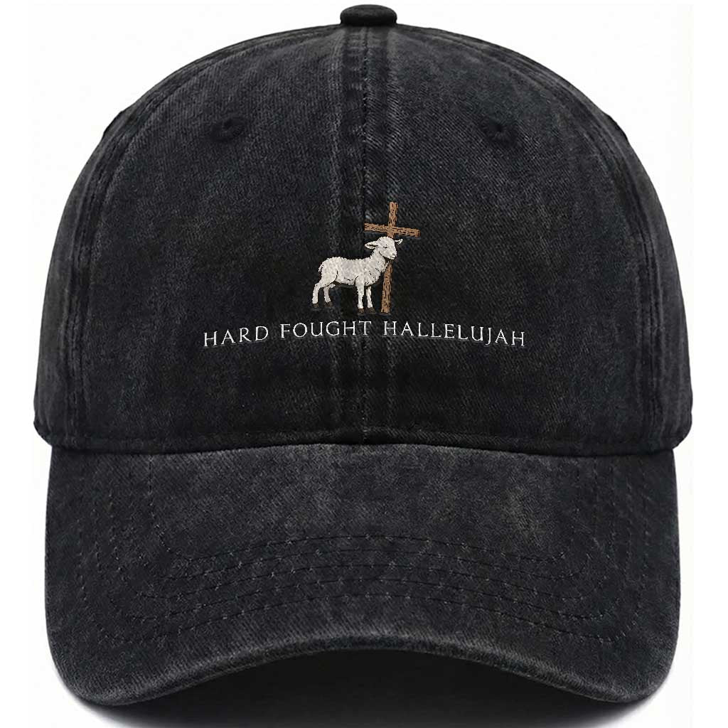 Hard Fought Hallelujah Washed Cotton Baseball Cap Christian Bible Verse Faith TS14 Washed Cap Universal Fit Black Print Your Wear