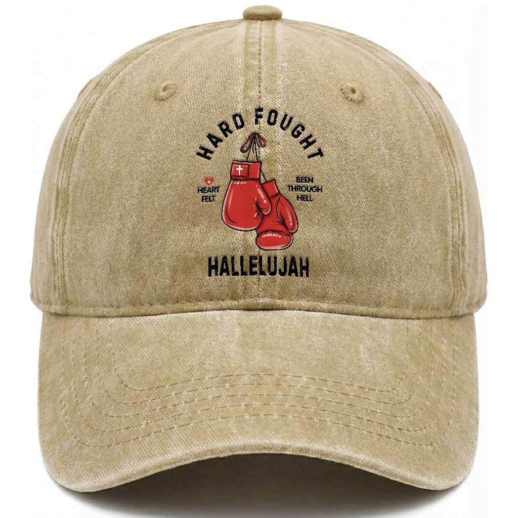 Hard Fought Hallelujah Washed Cotton Baseball Cap Christian Boxing Gloves Bible Verse Faith TS14 Washed Cap Universal Fit Khaki Print Your Wear