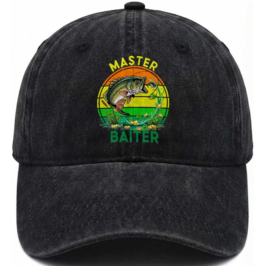 Funny Bass Fishing St Patricks Day Washed Cotton Baseball Cap Master Baiter TS14 Washed Cap Universal Fit Black Print Your Wear